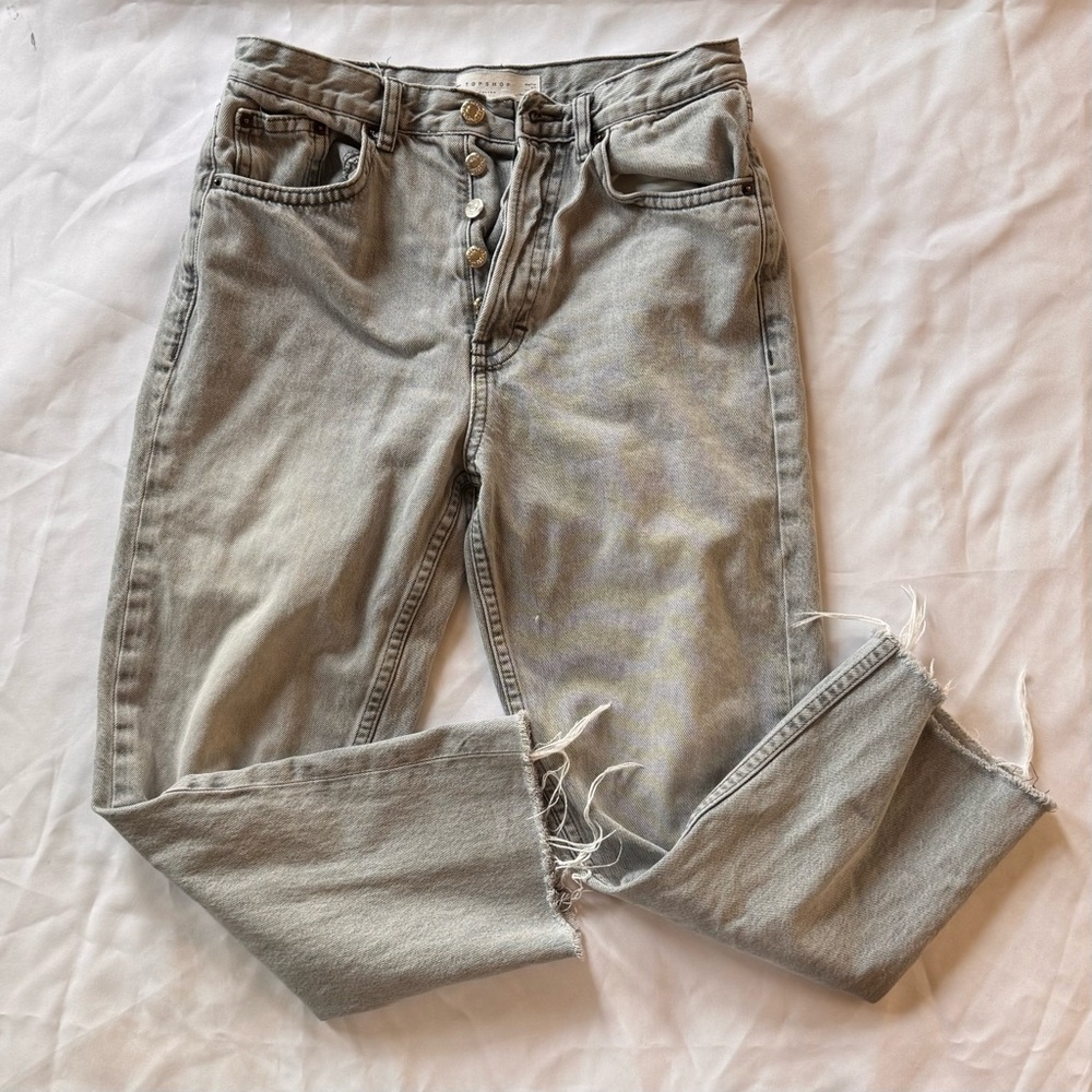 Topshop Gray Women's Straight Leg Jeans Sz 28 with Raw Hem and Button Fly